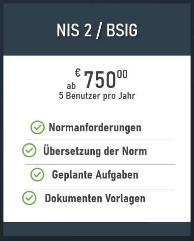 Preistafel VantarIS Normen NIS2 BSIG